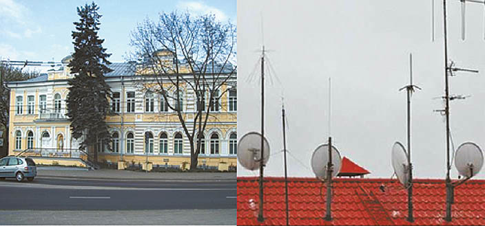 Kairėje Didžiosios Britanijos ambasada Vilniuje, dešinėje – Rusijos ambasados pastato stogas. Pasvarstykite patys, ką gali reikšti toks didelis antenų kiekis ant pastato, kuriame įsikūrusi Rusijos diplomatinė atstovybė.