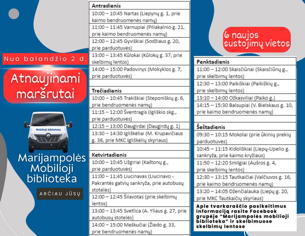 Bibliobuso maršrutas ir grafikas. 