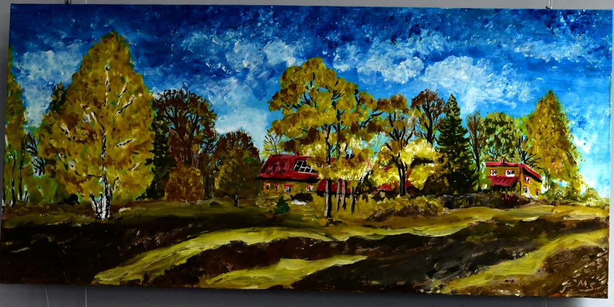 Tarp pirmųjų paveikslų – spalvose skendinti autorės sodyba.